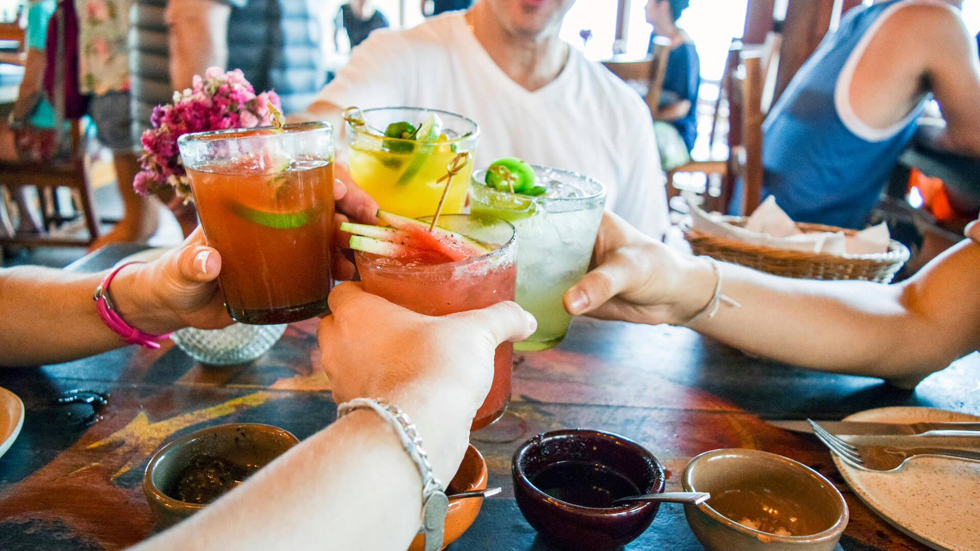 Image of Brunch, Food, Cutlery, Fork, Cup, Adult, Male, Man, Person, Alcohol, Beverage, Cocktail, Dining Table, Furniture, Table, Mojito, Female, Woman,