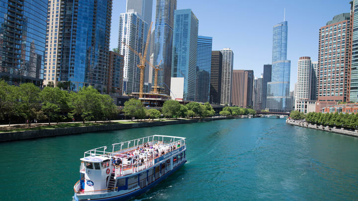 Image of City, Urban, Metropolis, Cityscape, Boat, Vehicle, Water, Waterfront, Ferry, High Rise, Condo, Housing, Office Building, Person, Nature, Outdoors, Scenery, 