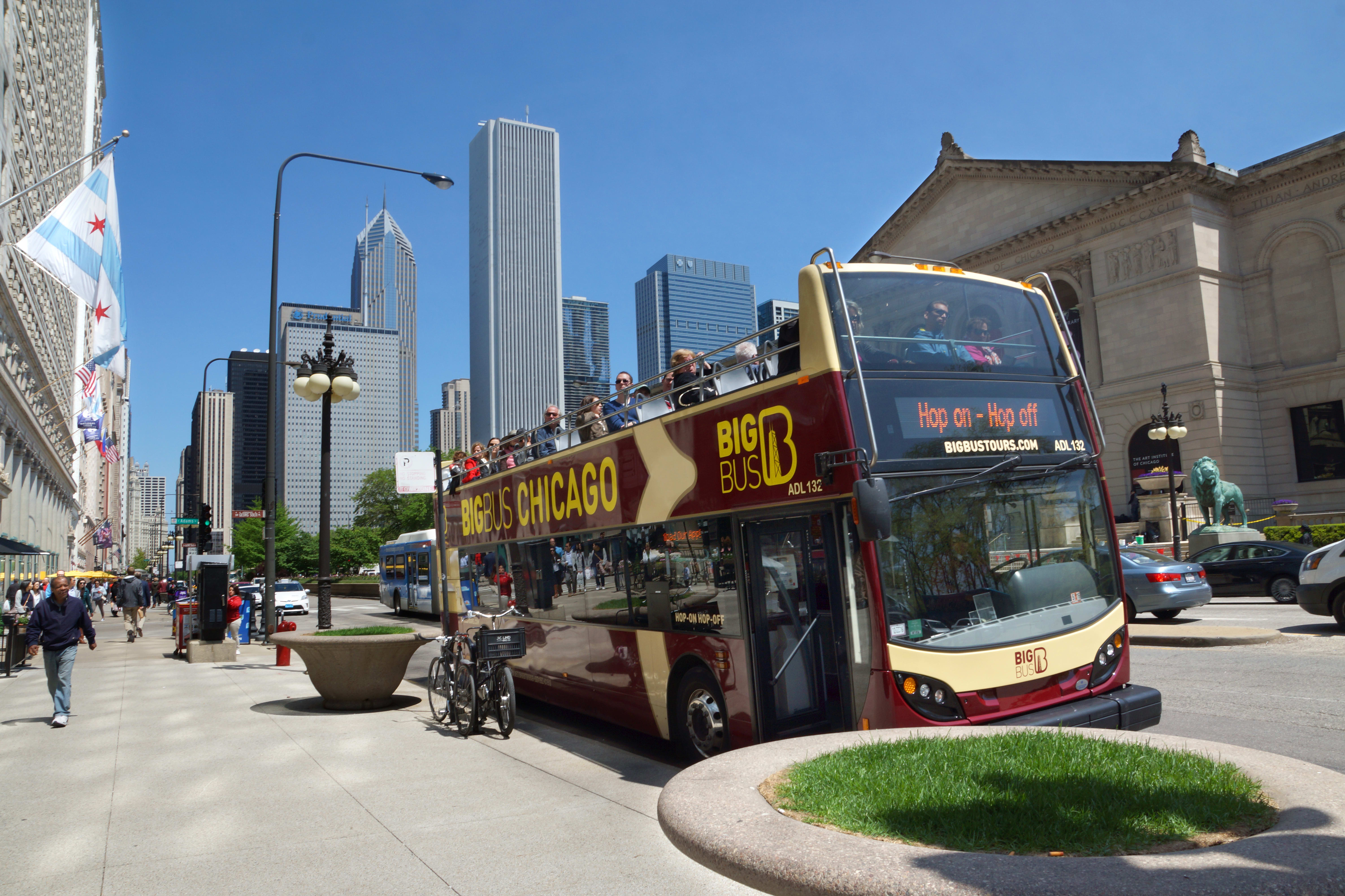 Image of City, Metropolis, Urban, Person, Bus, Vehicle, Car, Plant, Bicycle, Traffic Light, 