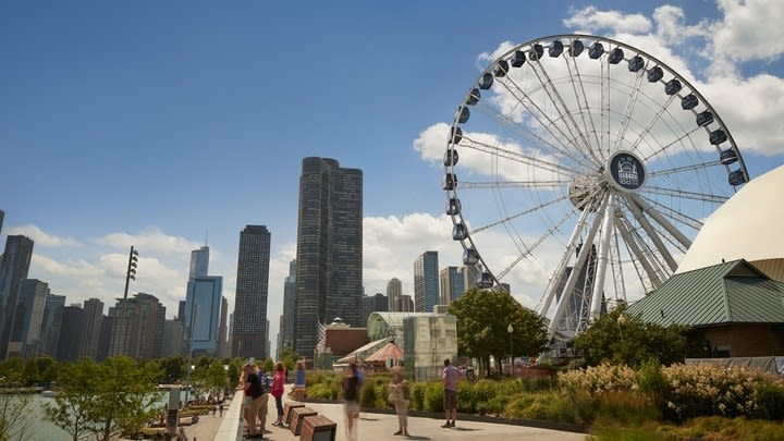 Image of City, Urban, Metropolis, Person, Cityscape, Amusement Park, Ferris Wheel, Fun, High Rise, 