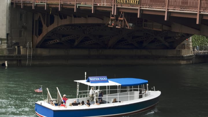 Image of Vehicle, Watercraft, Water, Waterfront, Boat, Ferry, Barge, Arch, Person, 