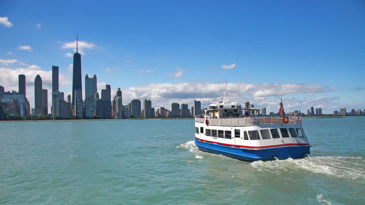 Image of Boat, Ferry, Vehicle, City, Cityscape, Urban, Water, Waterfront, Nature, Outdoors, Scenery, 