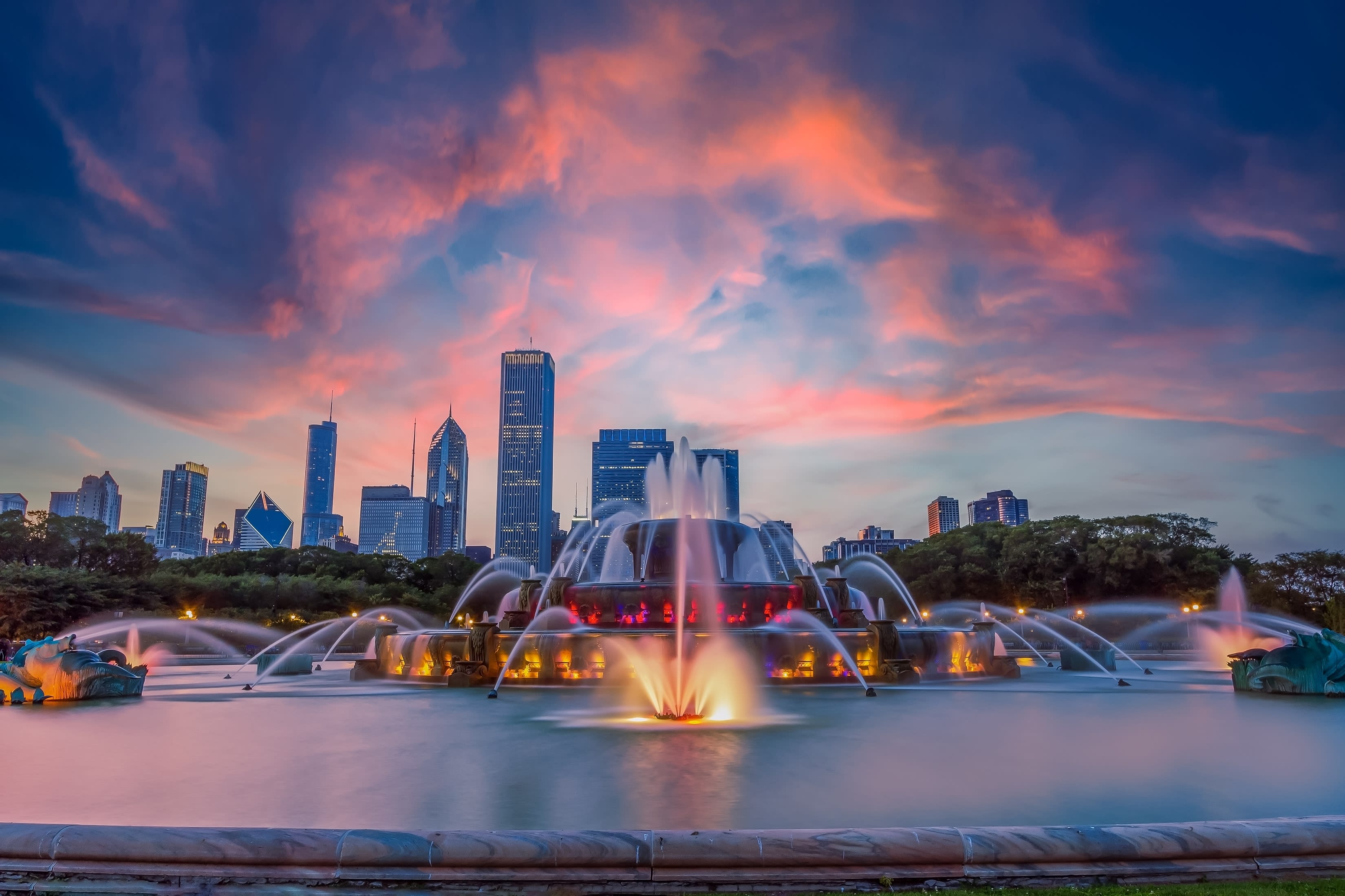 Image of Fountain, Water, City, Cityscape, Urban, Car, 