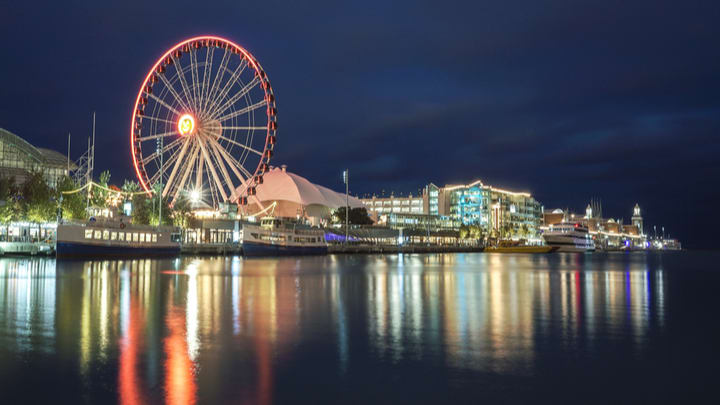 Image of Water, Waterfront, Amusement Park, Ferris Wheel, Fun, Boat, Vehicle, Cityscape, Urban, 