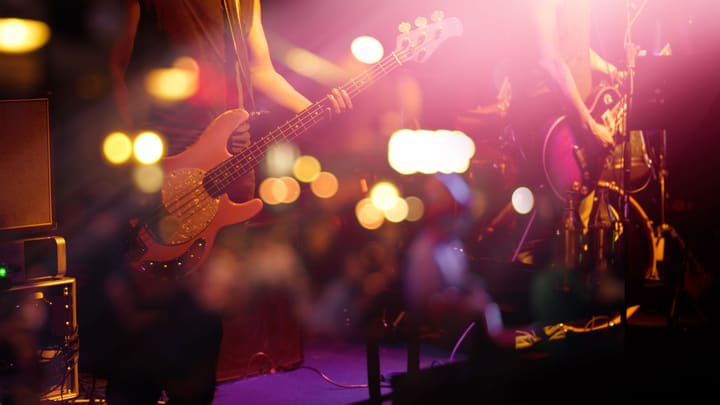 Image of Concert, Crowd, Person, Lighting, Guitar, Musical Instrument, Urban, Rock Concert, Adult, Female, Woman, Male, Man, 