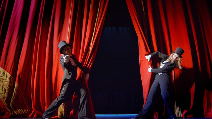 Image of Stage, Group Performance, Person, Adult, Male, Man, Female, Woman, Dancing,