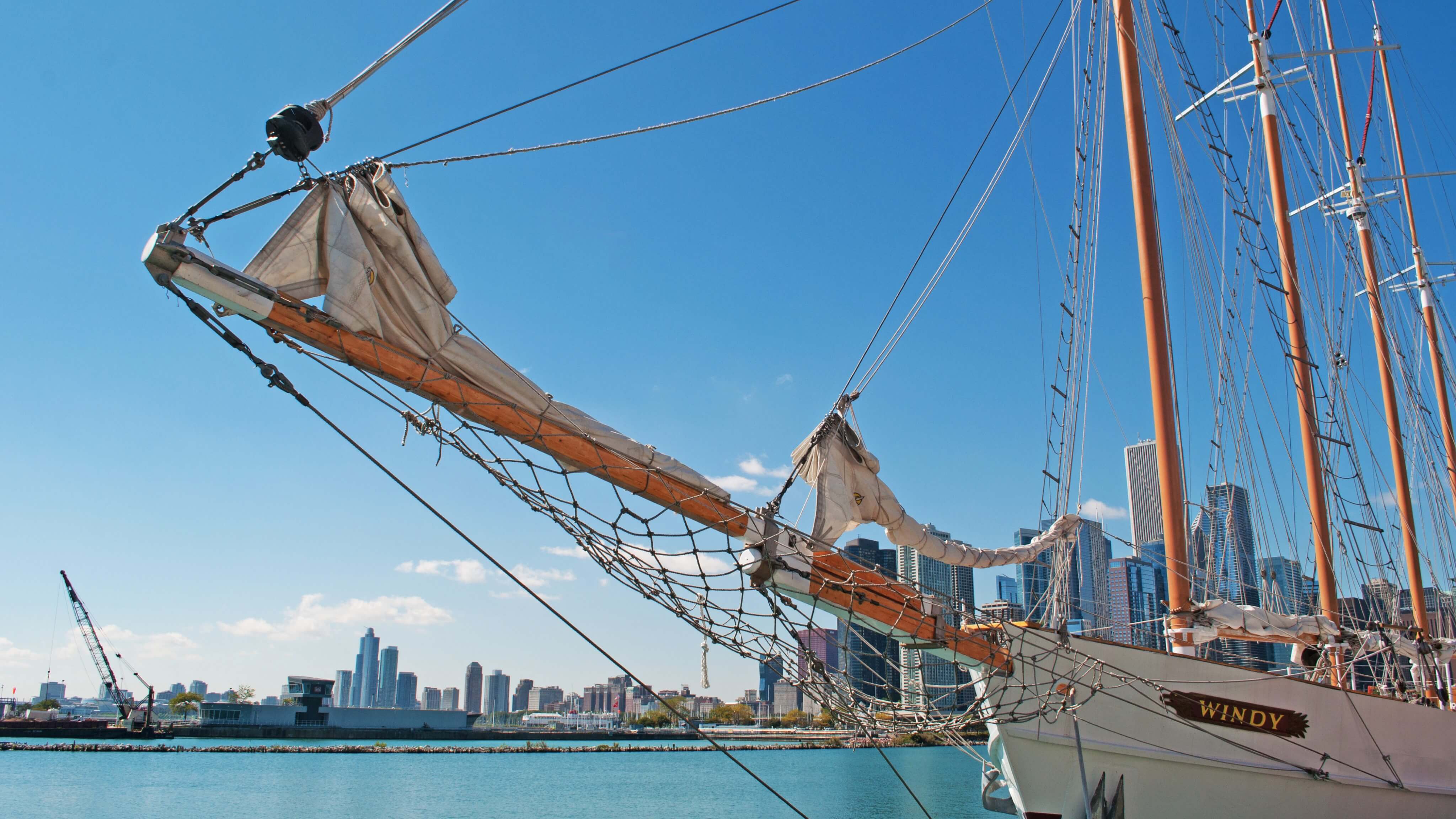 Image of Boat, Sailboat, Vehicle, Water, Waterfront, City, Urban, Construction, Construction Crane, Yacht, Watercraft, 