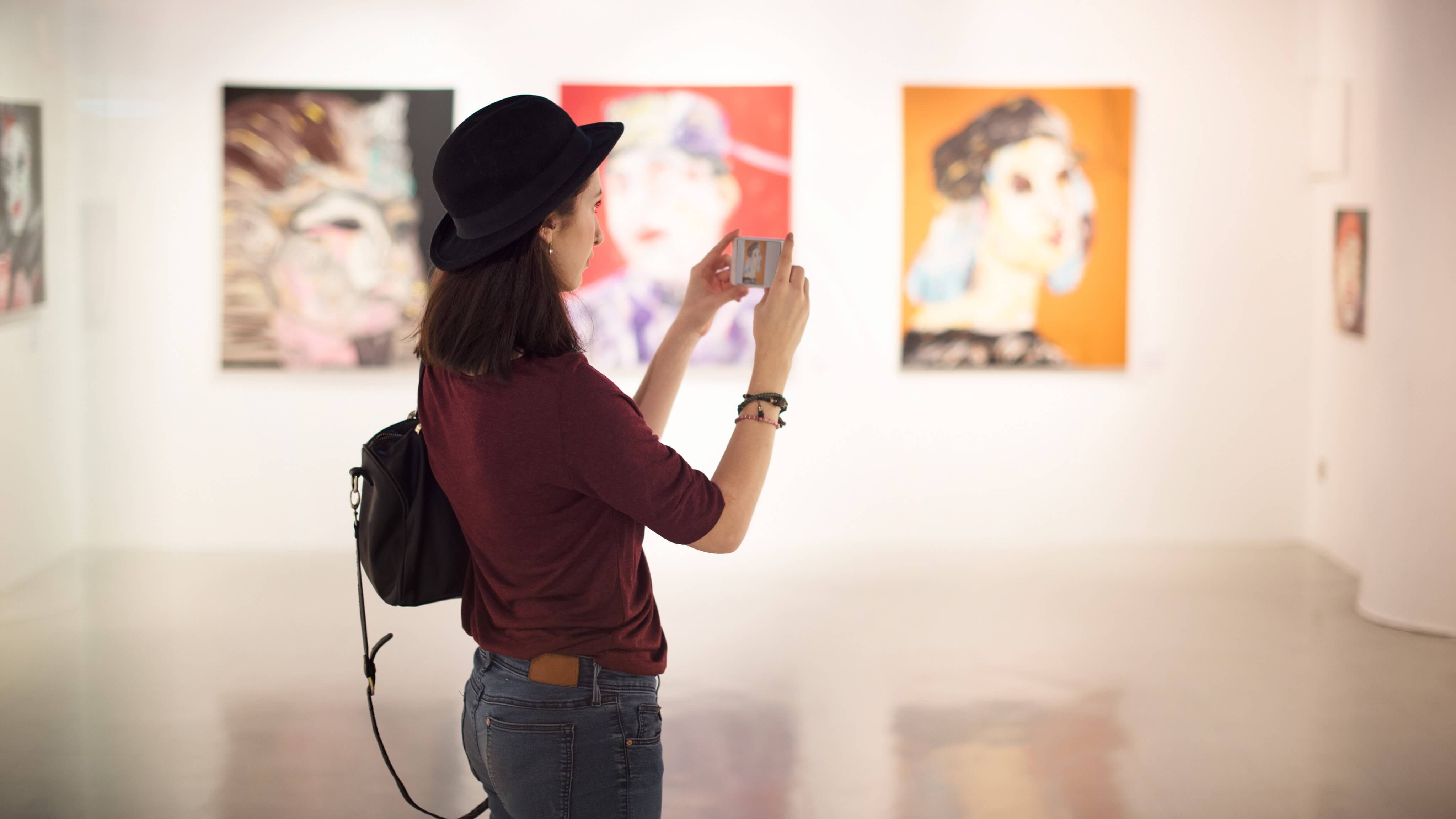 Image of Photography, Hat, Art, Adult, Female, Person, Woman, Bag, Handbag, Art Gallery, Child, Girl,