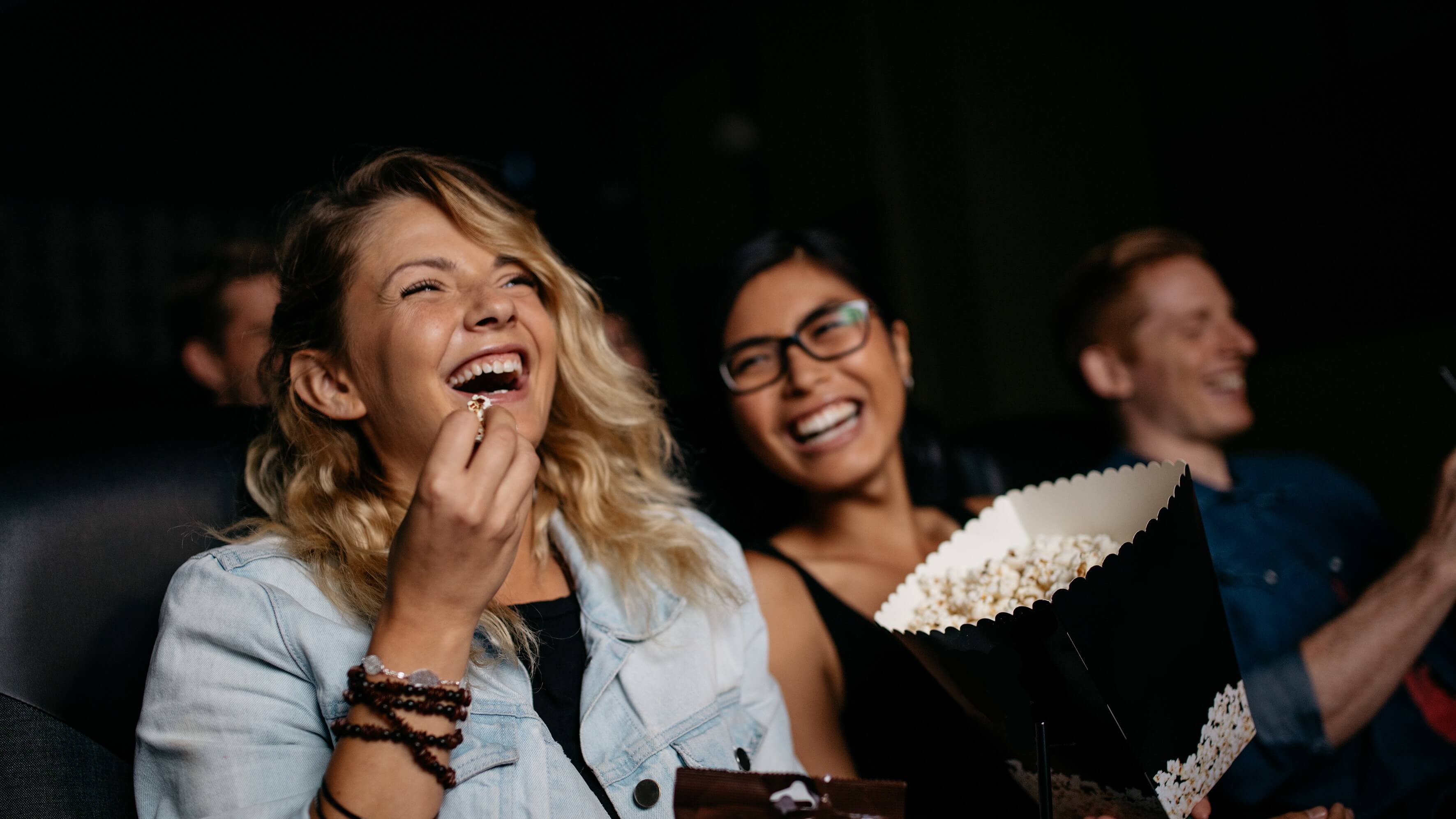 Image of Face, Happy, Head, Laughing, Person, Adult, Female, Woman, Accessories, Glasses, Male, Man, Bracelet, Jewelry, Smile, 