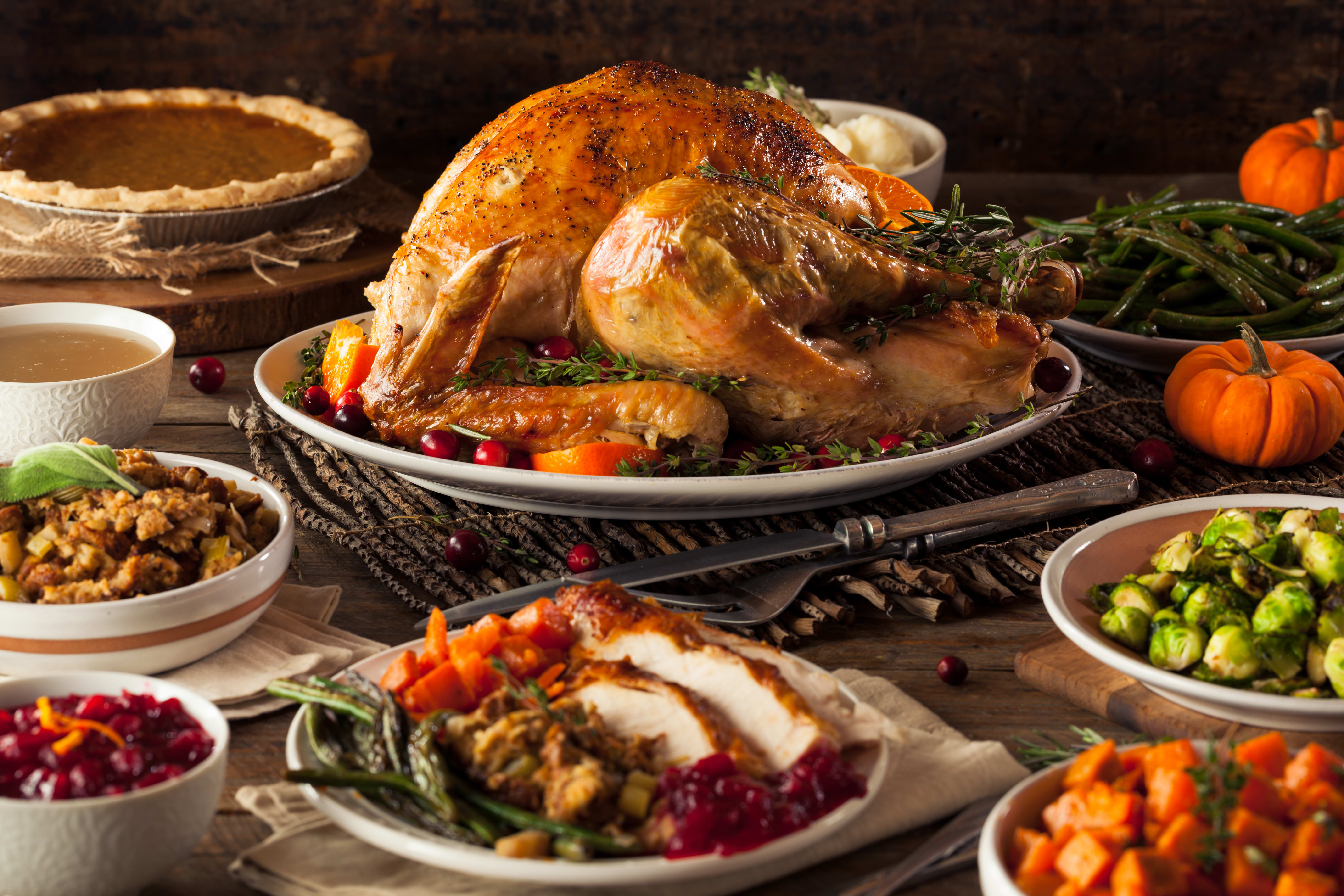 Image of Dinner, Food, Meal, Roast, Turkey Dinner, Food Presentation, Dining Table, Knife, 