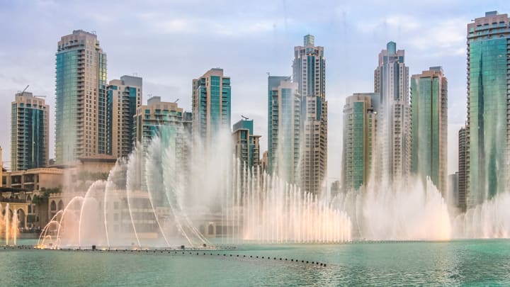 Image of City, Urban, Fountain, Water, High Rise, Metropolis, Cityscape, Condo, Housing, 