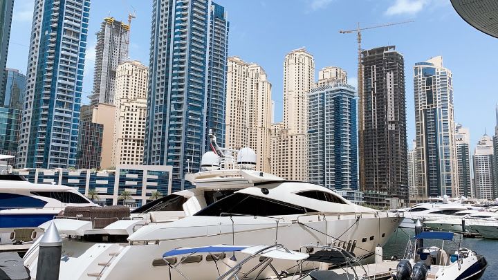 Image of Vehicle, Yacht, City, Water, Waterfront, Urban, Harbor, Pier, Cityscape, Condo, Housing, Boat, Marina, High Rise, Metropolis, Construction Crane, 