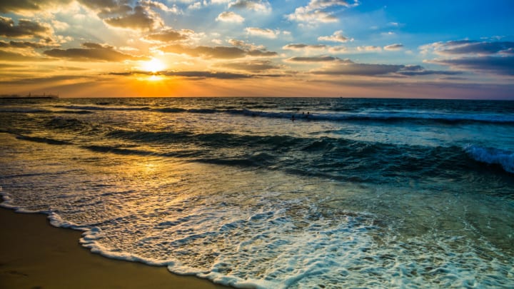 Image of Nature, Outdoors, Sky, Horizon, Sea, Water, Scenery, Beach, Coast, Shoreline, Sunlight,