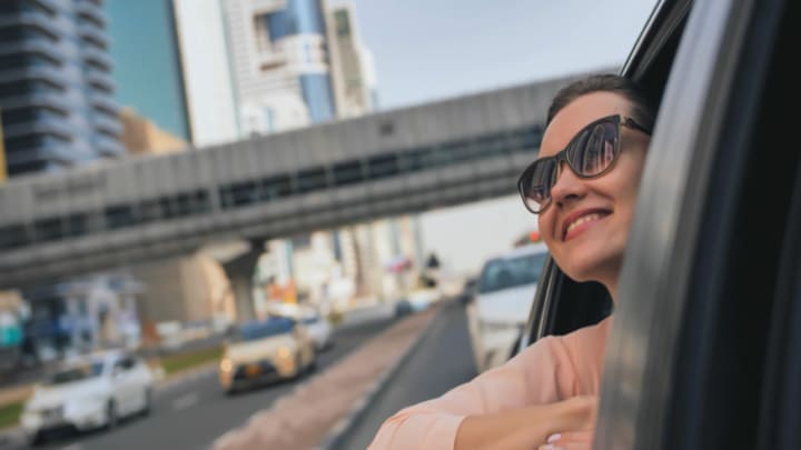 Image of Face, Happy, Head, Person, Smile, Accessories, Sunglasses, Selfie, Adult, Female, Woman, Car, Vehicle, Glasses, Photography, 