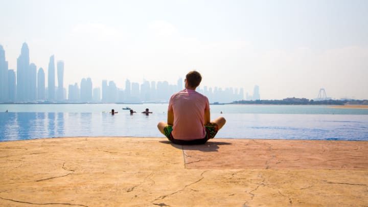 Image of Person, Sitting, Back, Adult, Male, Man, Nature, Outdoors, Scenery, City, Water, Waterfront, Cityscape, Urban,