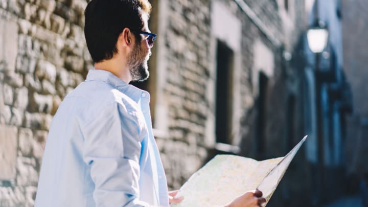 Image of Person, Reading, Shirt, Adult, Male, Man, Coat, City, 