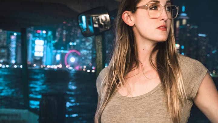 Image of Accessories, Glasses, Lighting, Photography, Urban, Face, Head, Person, Smile, Female, Girl, Teen, Portrait, City,