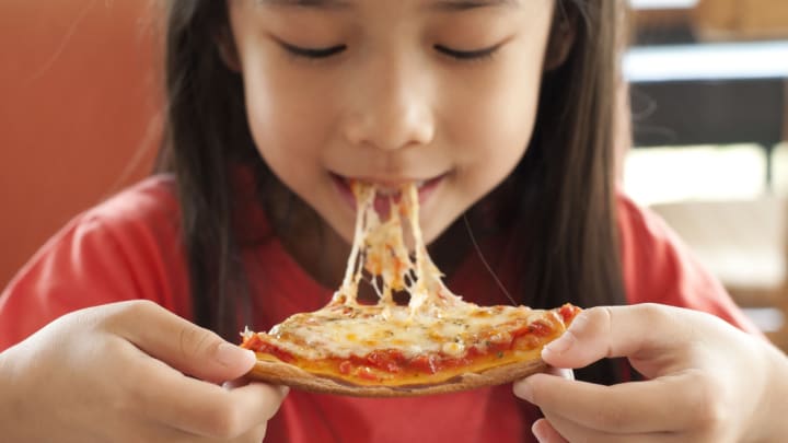 Image of Child, Female, Girl, Person, Eating, Food, Pizza, 