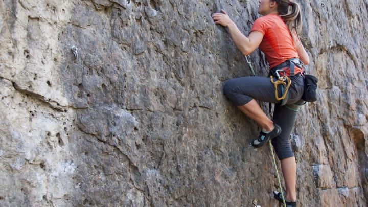 Image of Outdoors, Child, Female, Girl, Person, Climbing, Adventure, Rock Climbing, Handbag, 