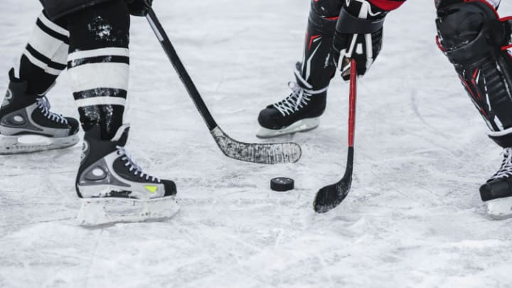 Image of Shoe, Sneaker, Hockey, Ice Hockey, Ice Hockey Puck, Rink, Skating, Boy, Child, Male, Person, 