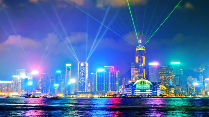 Image of City, Metropolis, Urban, Lighting, Light, Cityscape, Water, Waterfront, Laser, High Rise, 