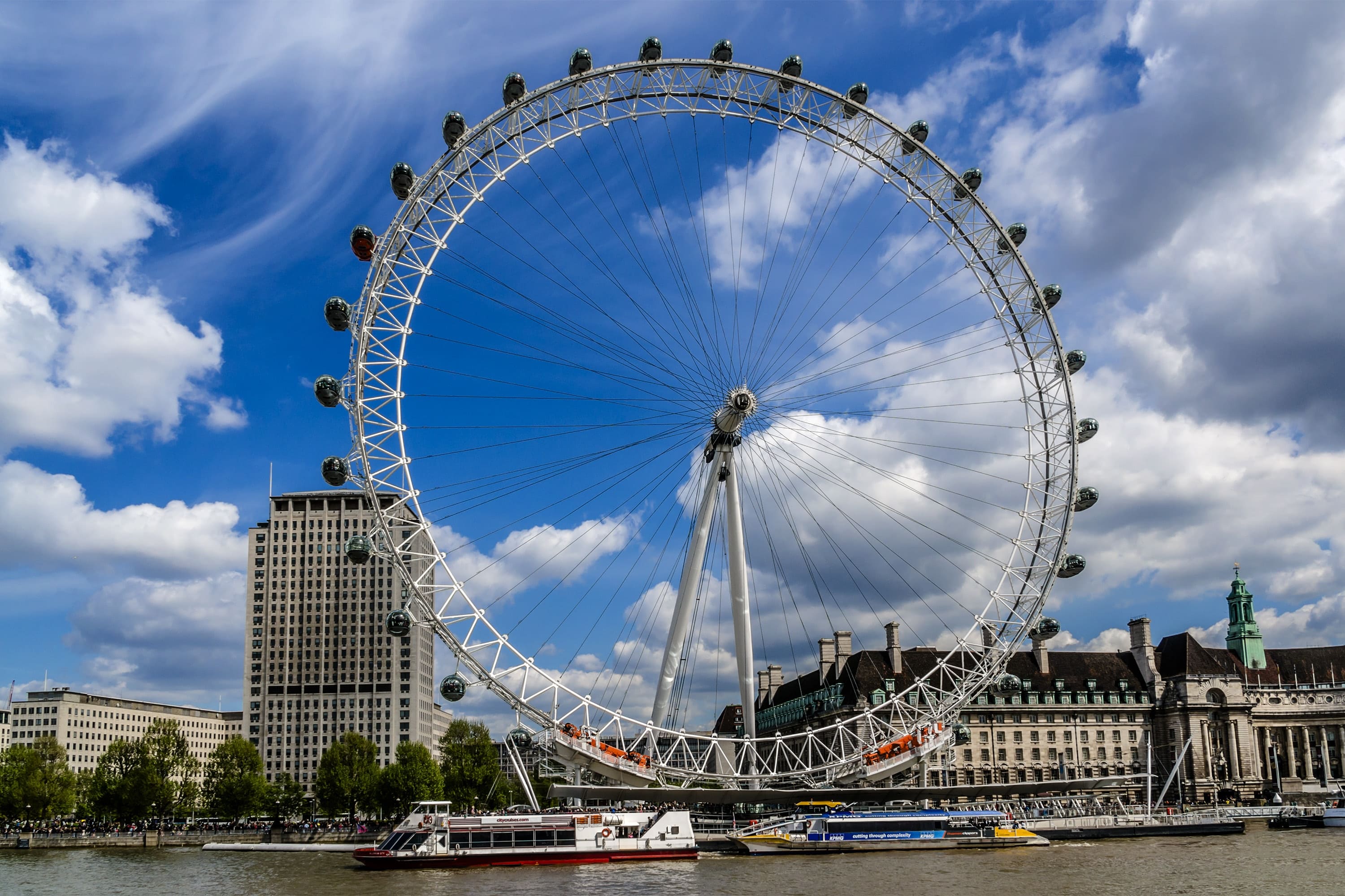 Image of City, Urban, Amusement Park, Ferris Wheel, Fun, Water, Waterfront, Boat, Vehicle, Cityscape, 