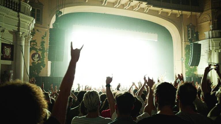 Image of Concert, Crowd, Person, Lighting, Adult, Female, Woman, Stage, Indoors, Theater, Male, Man,