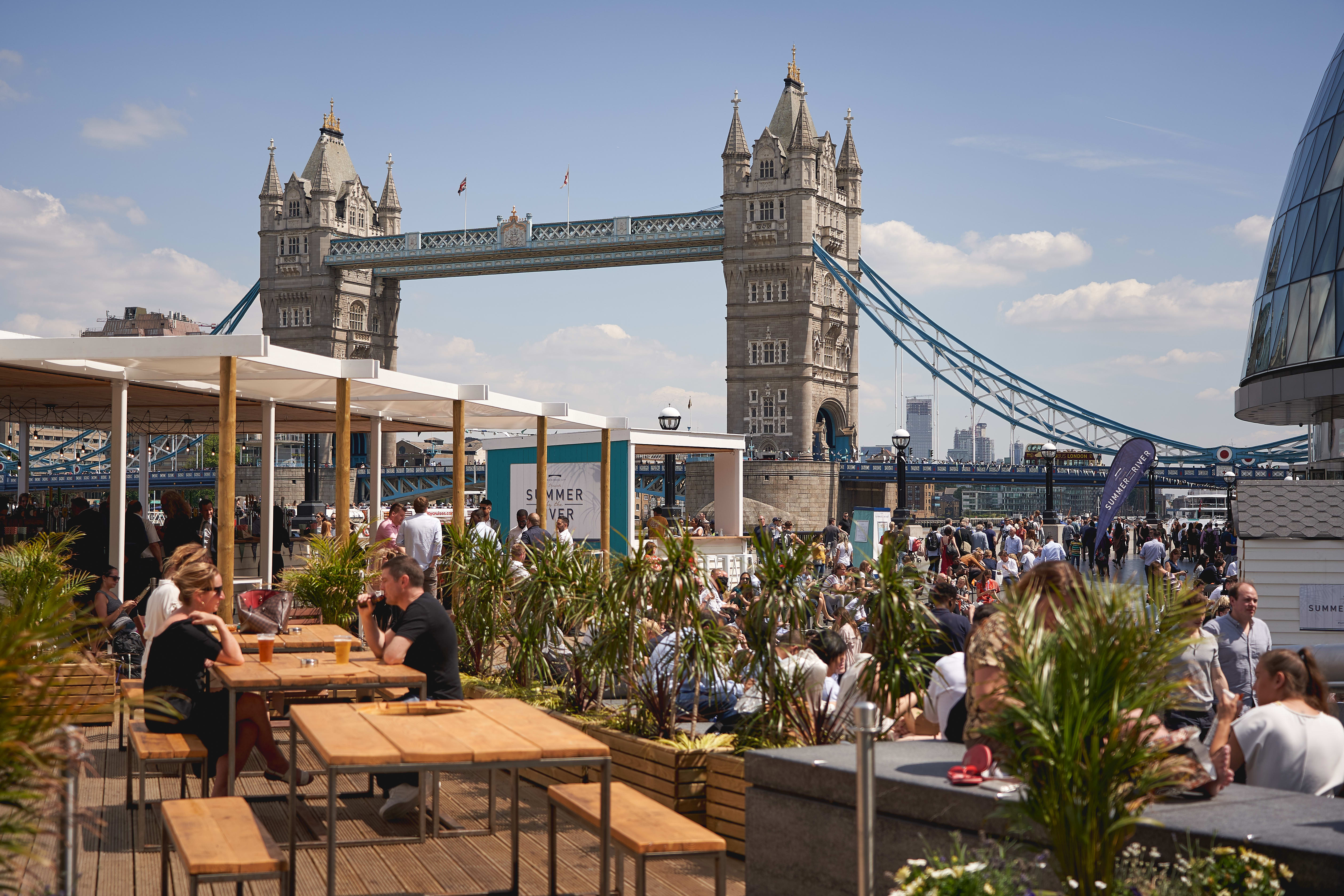 Image of Adult, Female, Person, Woman, Bench, Furniture, Bridge, Landmark, Tower Bridge, Cup, Plant, 