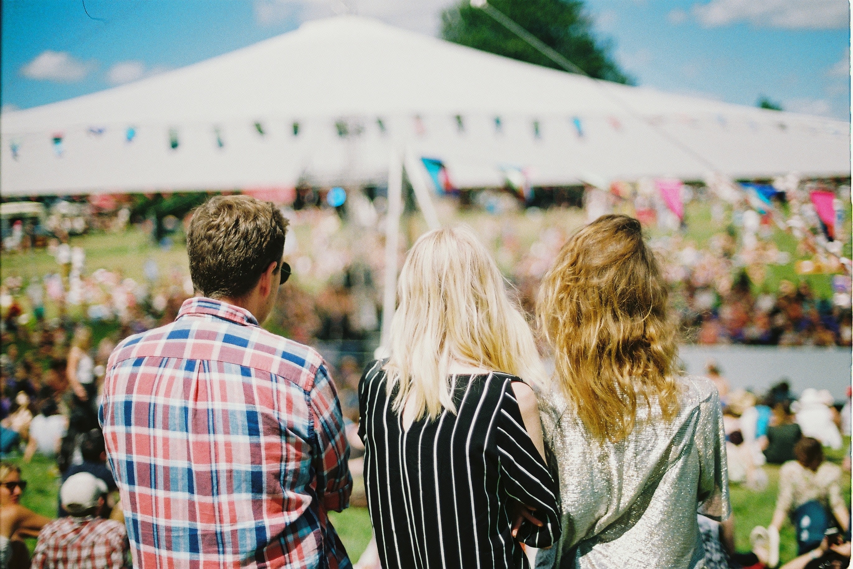 Image of Photography, Adult, Female, Person, Woman, Male, Man, People, Crowd, Glasses, Grass, Hat, Concert, Outdoors, Shelter, 