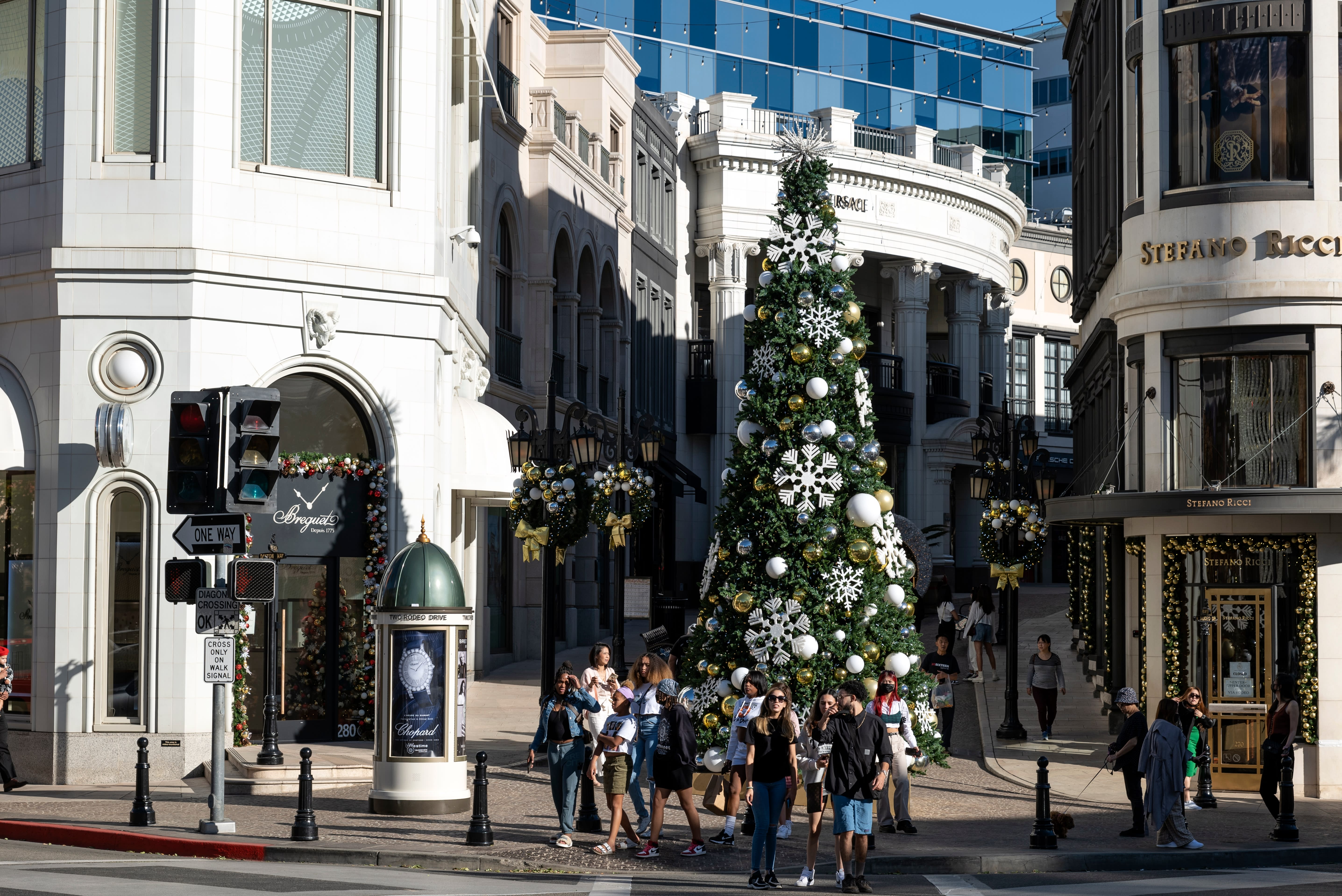 Image of Traffic Light, Person, Christmas, Christmas Decorations, Festival, Handbag, Hat, Christmas Tree, Shoe, City,