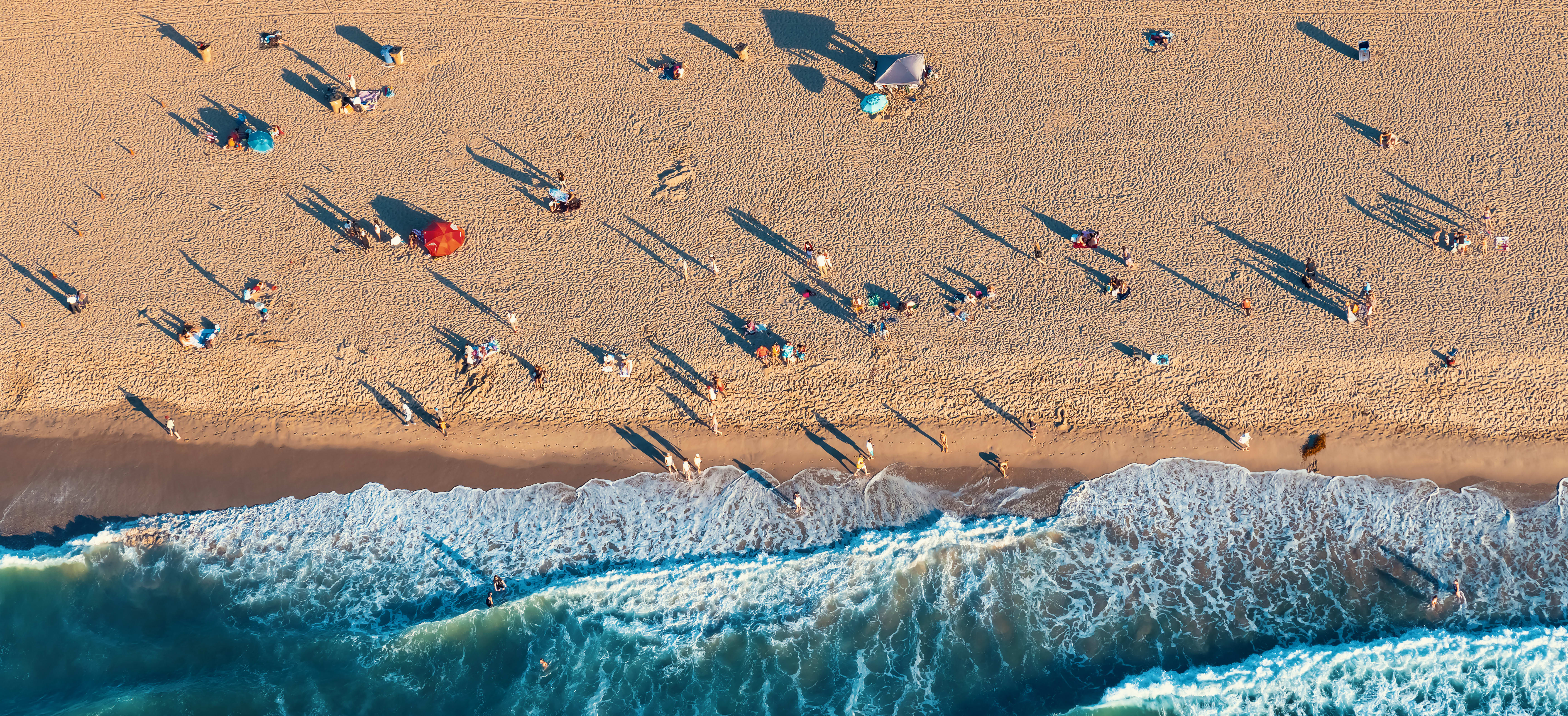 Image of Nature, Outdoors, Sea, Water, Shoreline, Coast, Beach, Person, Aerial View, Bird, 