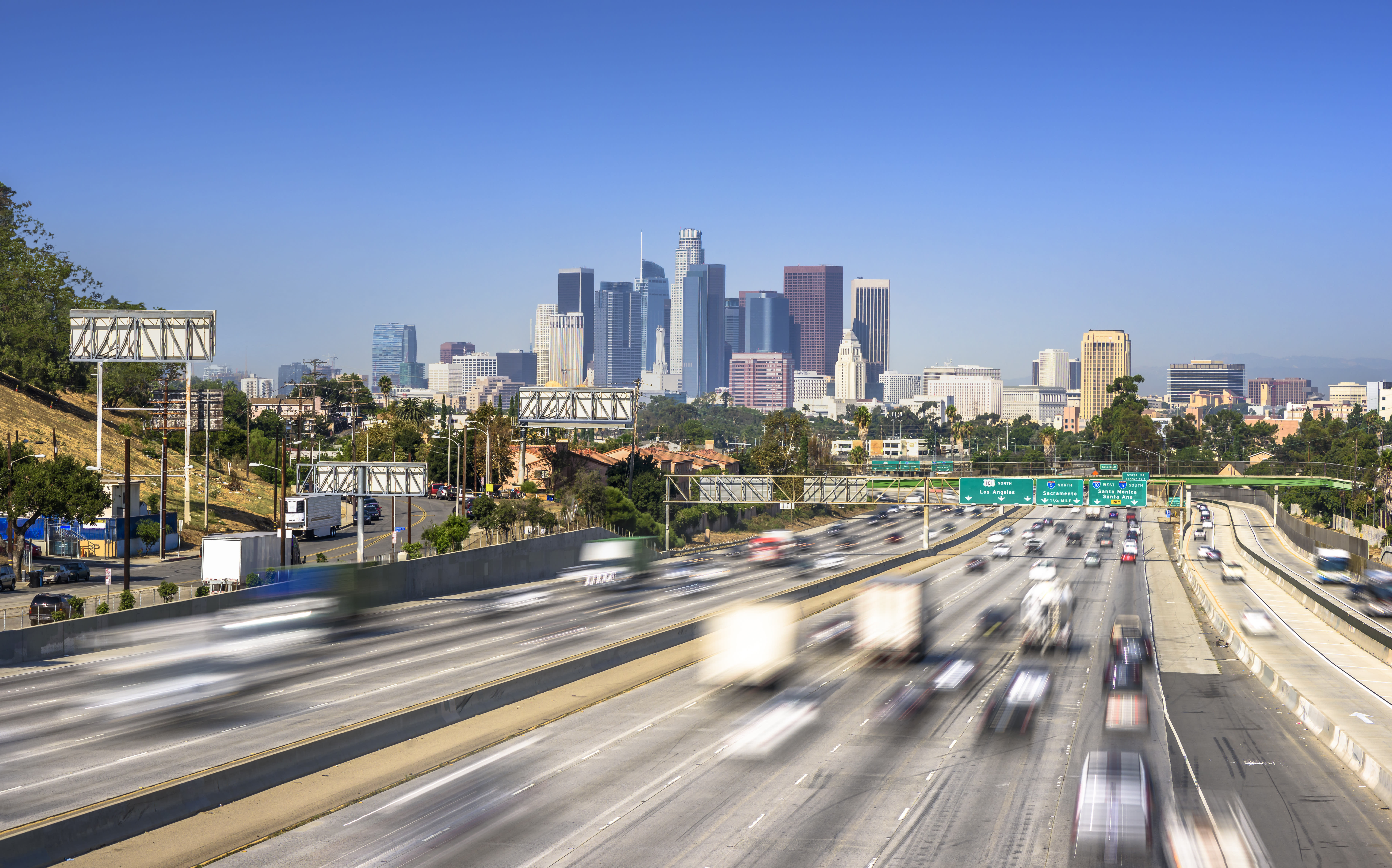 Image of Road, Freeway, City, Cityscape, Urban, Highway, Metropolis, Truck, Vehicle, Car, 