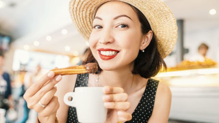 Image of Cup, Face, Head, Person, Adult, Female, Woman, Brunch, Food,
