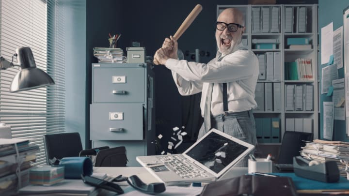 Image of Furniture, Table, Adult, Male, Man, Person, Computer, Laptop, Pc, Desk,