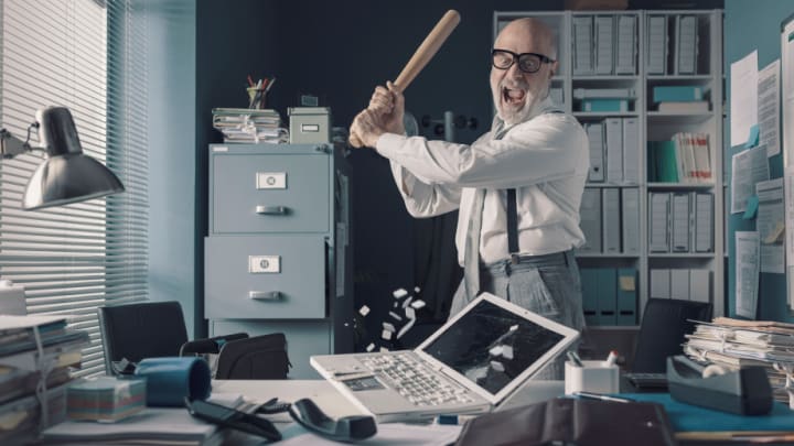 Image of Furniture, Table, Adult, Male, Man, Person, Computer, Laptop, Pc, Desk, 