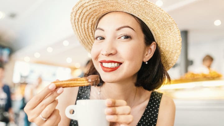 Image of Face, Head, Person, Cup, Adult, Female, Woman, Boy, Child, Male, Eating, Food, 