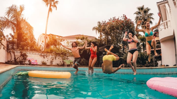 Image of People, Person, Adult, Male, Man, Female, Woman, Pool, Water, Shoving, Swimming Pool, 