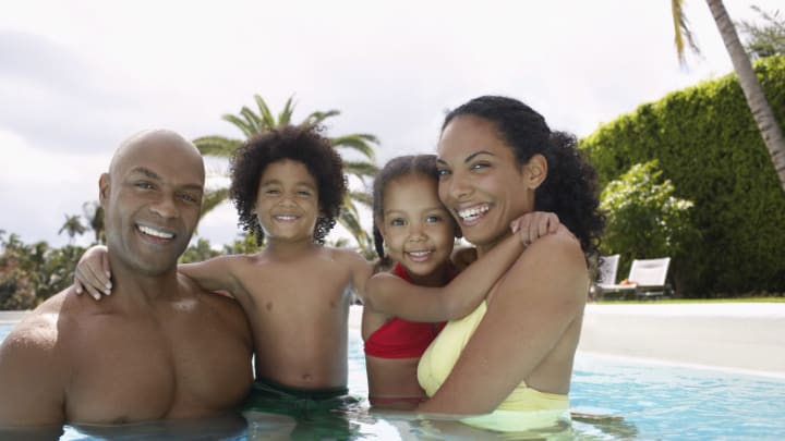 Image of Summer, Swimwear, Pool, Water, Tree, Face, Head, Person, Photography, Portrait, Swimming Pool, Adult, Male, Man, Swimming, Female, Woman, Palm Tree, Happy, 