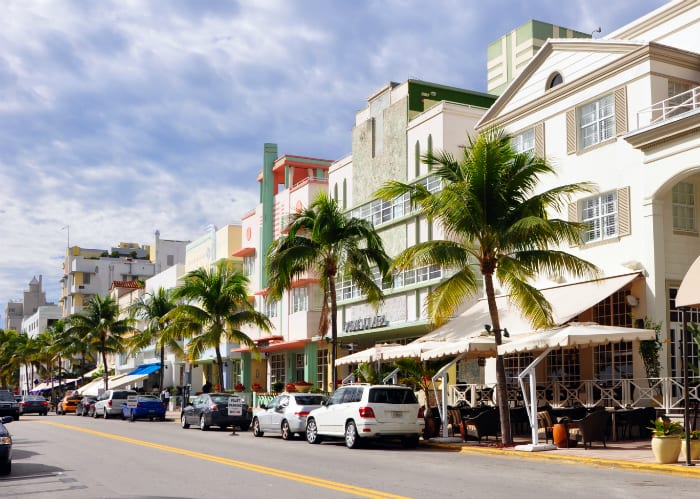 Image of Neighborhood, City, Urban, Road, Street, Metropolis, Plant, Car, Vehicle, Palm Tree, Tree, Chair, Condo, Housing, Person, Summer, Cityscape, 