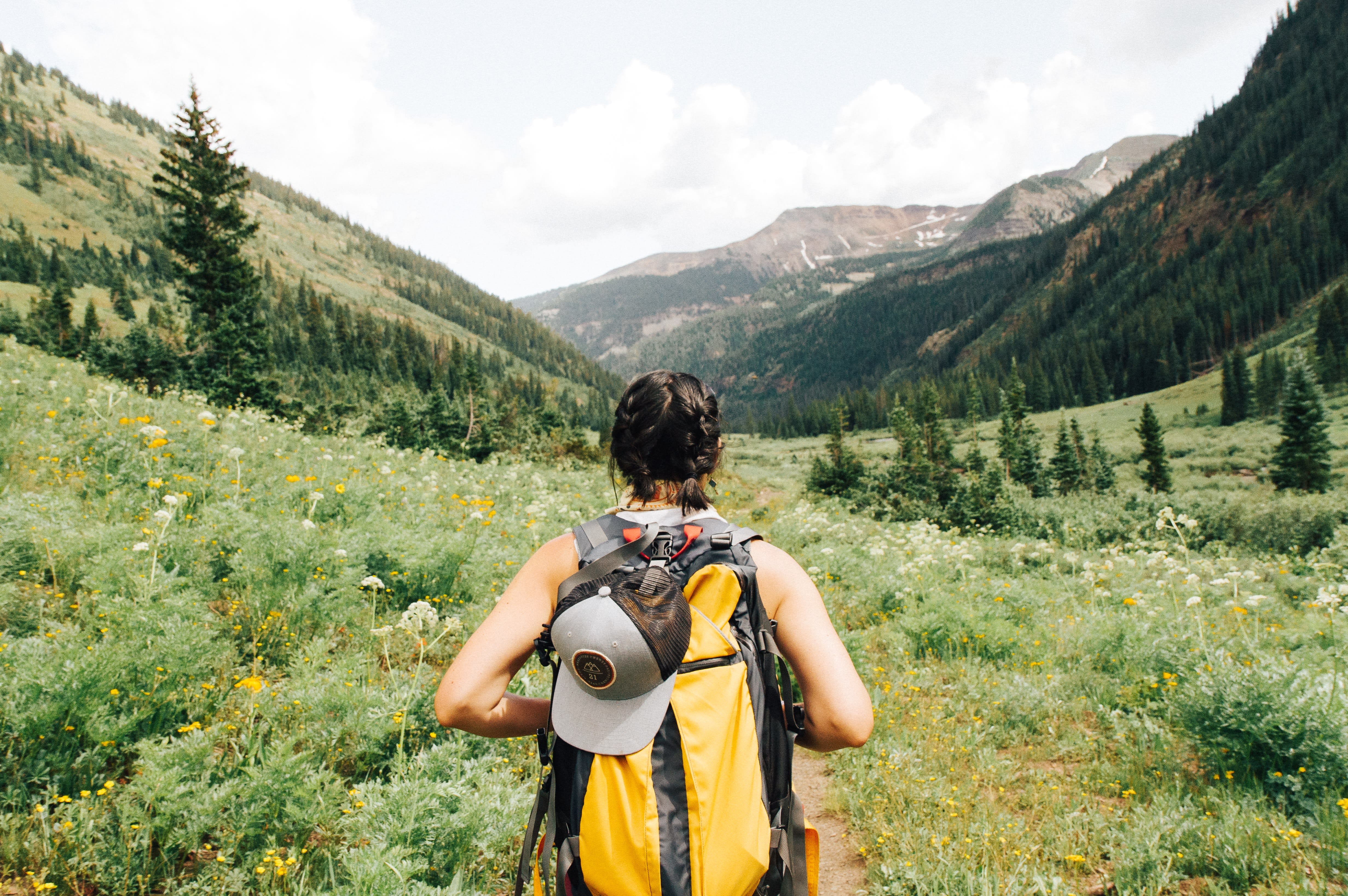 Image of Adventure, Hiking, Nature, Outdoors, Person, Vegetation, Wilderness, Bag, Adult, Female, Woman, Photography, Backpack, Tree, Grass, Backpacking, Hat, 