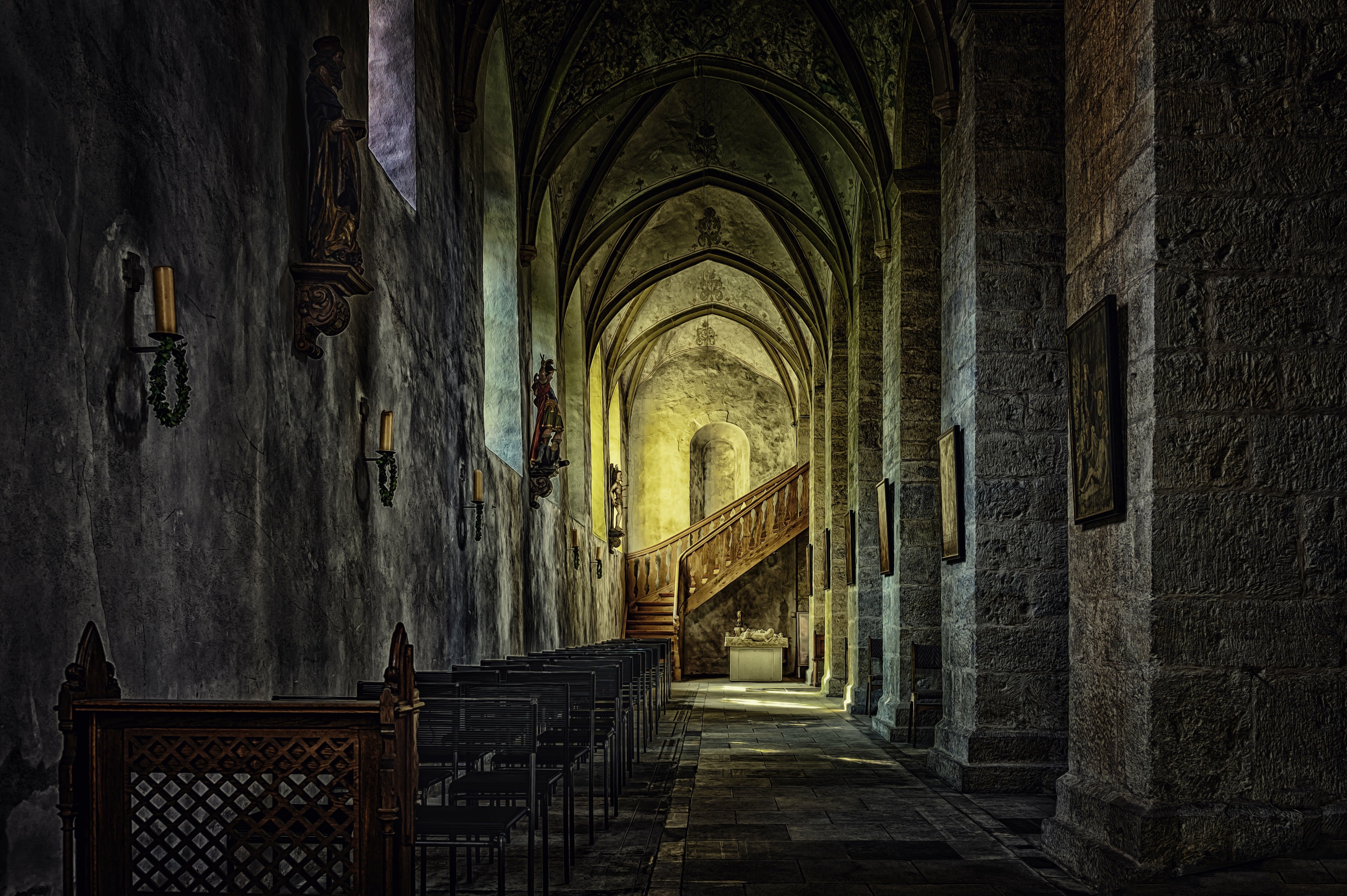 Image of Corridor, Indoors, Crypt, Candle, Person, Art, Painting,