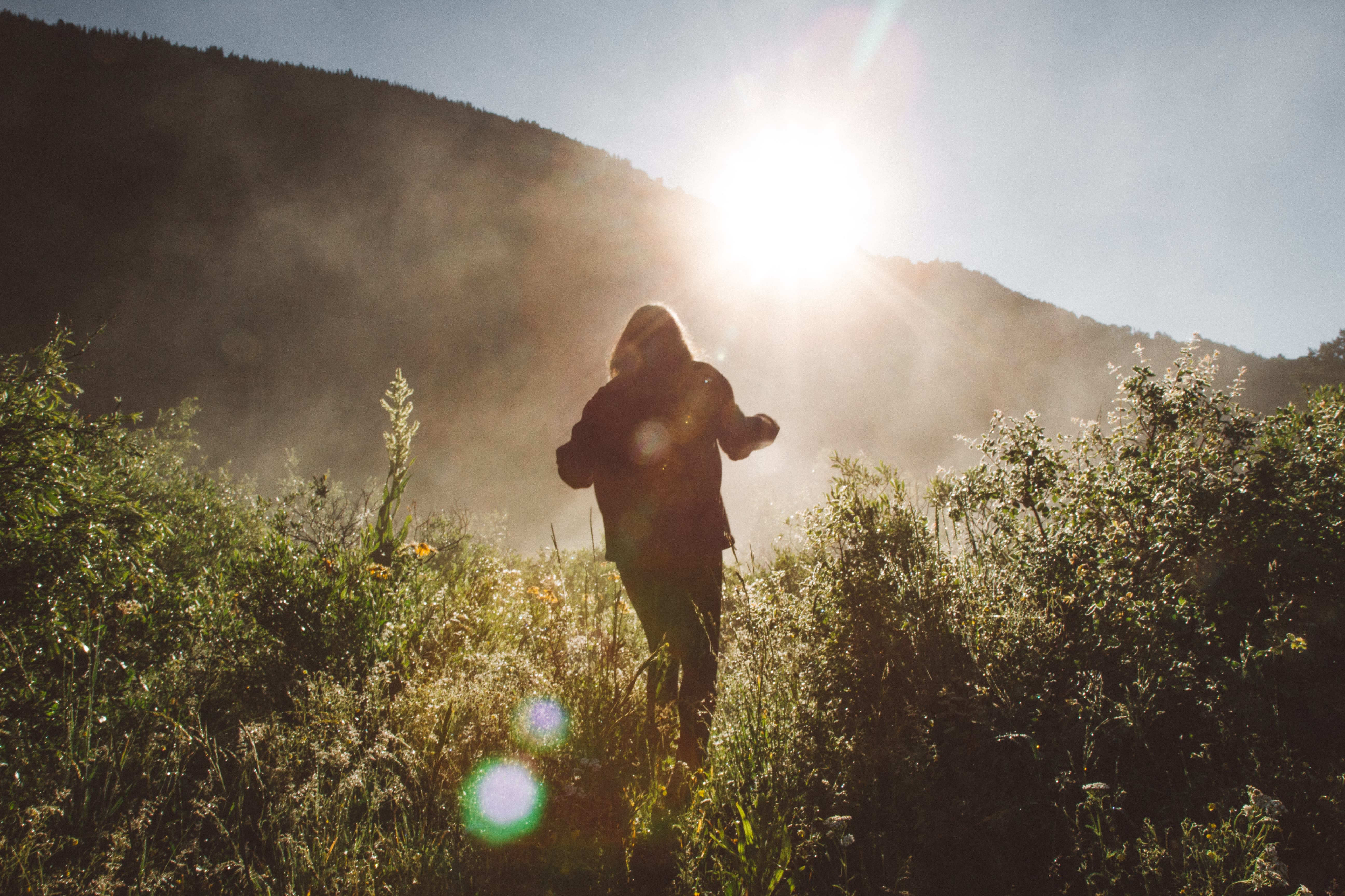 Image of Photography, Vegetation, Sunlight, Nature, Outdoors, Sky, Sun, Flare, Light, Grass, Land, Tree, Woodland, Face, Head, Person, Portrait, Wilderness, Adult, Male, Man, Jungle, Adventure, Hiking, 