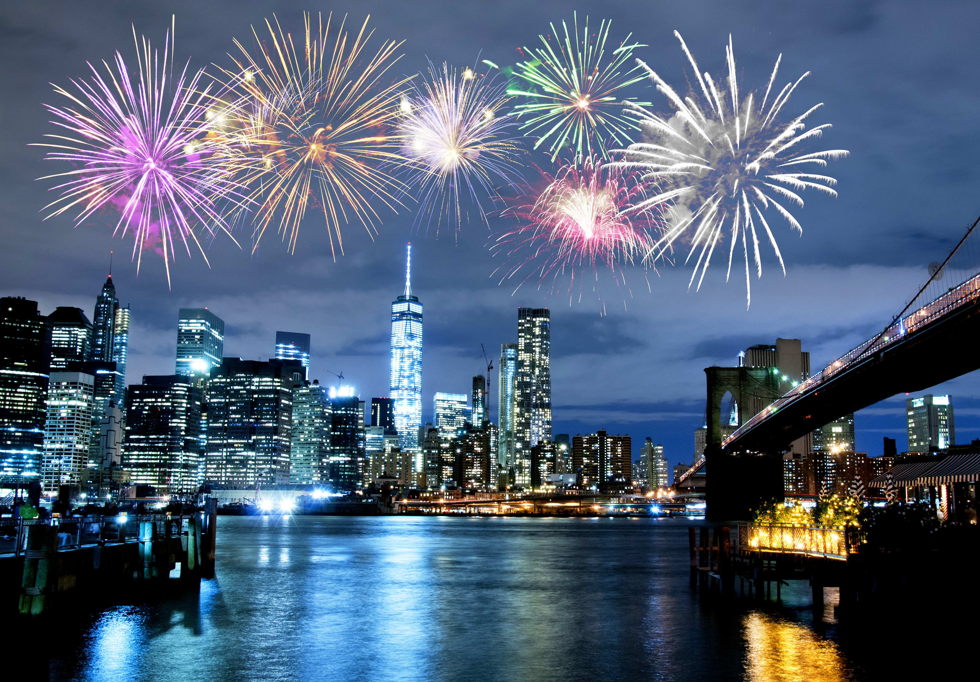 Image of City, Metropolis, Urban, Cityscape, Water, Waterfront, Fireworks, Tower, 