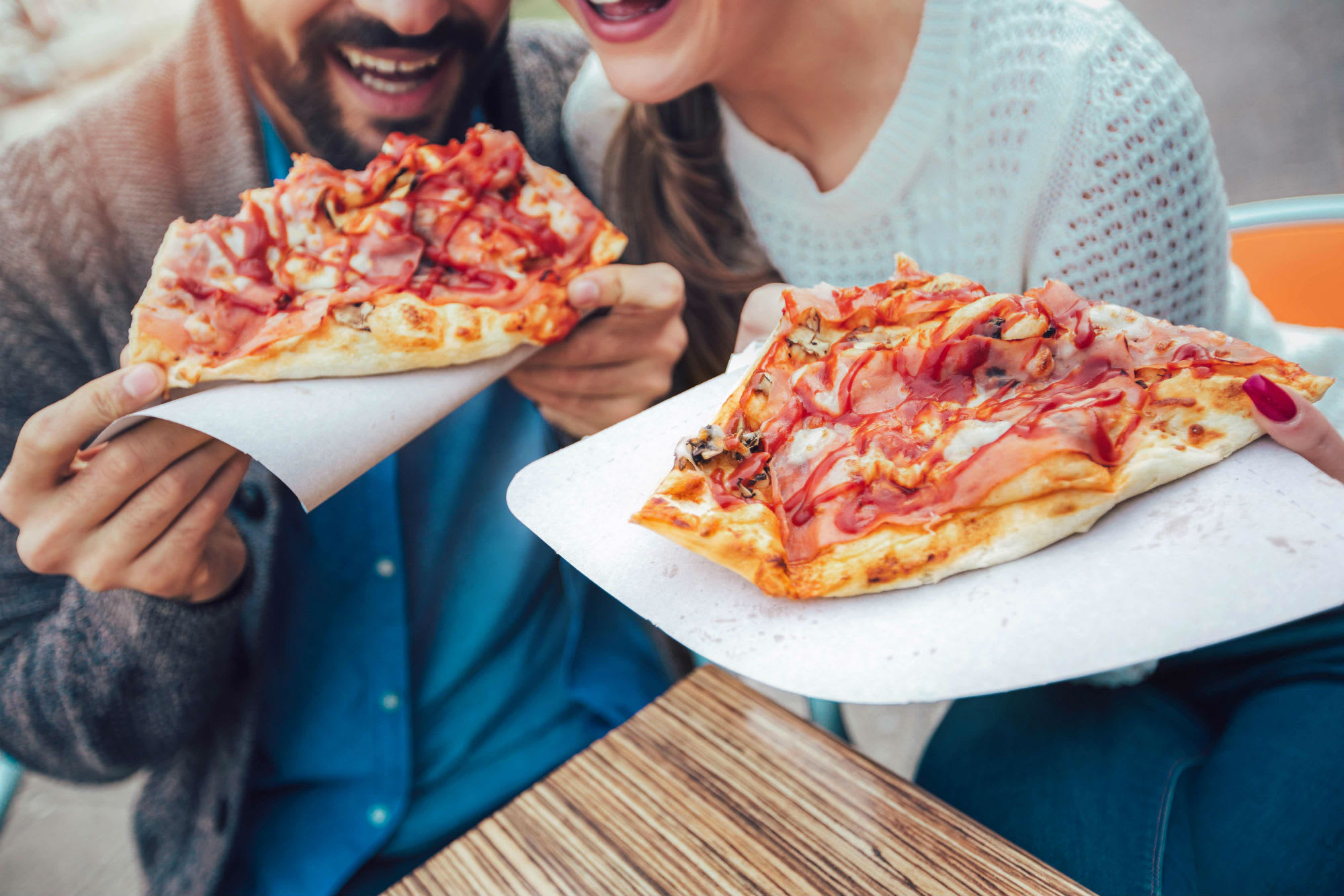 Image of Head, Person, Food, Pizza, Face, Food Presentation, Adult, Female, Woman, Chair, 