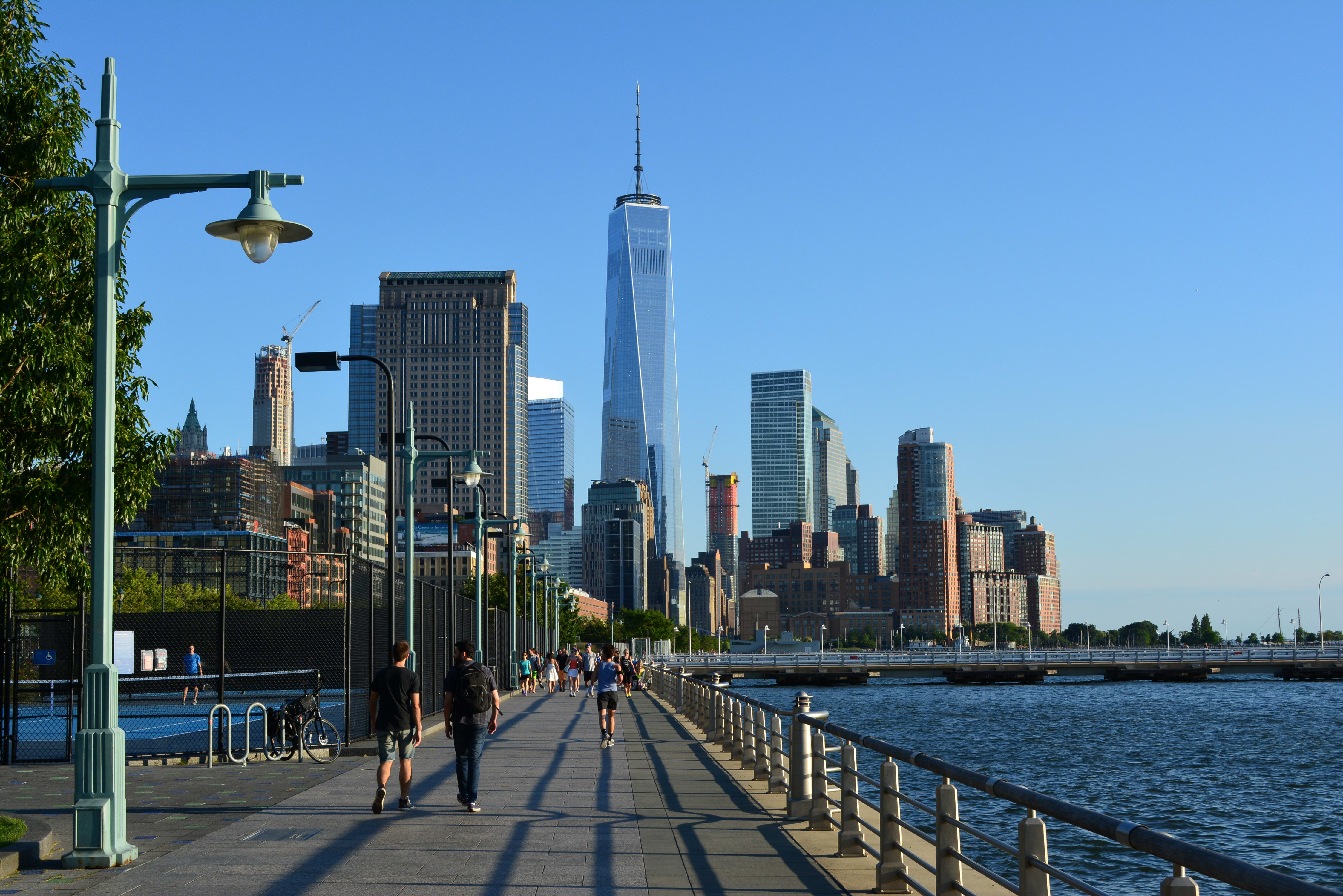 Image of Water, Waterfront, City, Metropolis, Urban, Person, Cityscape, Bicycle, Office Building, 