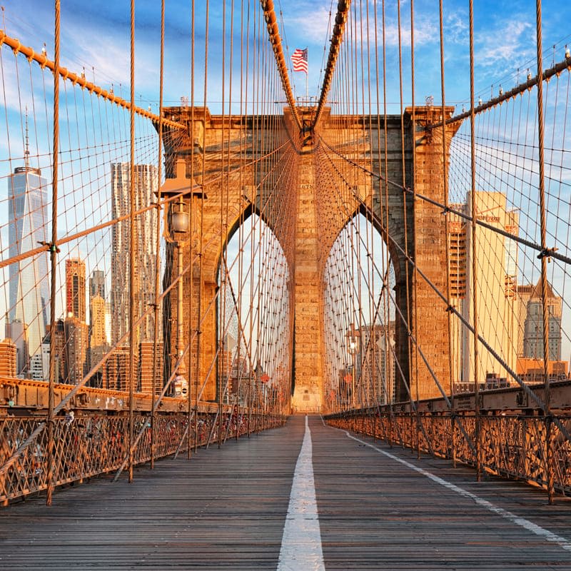 Image of Flag, Bridge, Brooklyn Bridge, Landmark, 