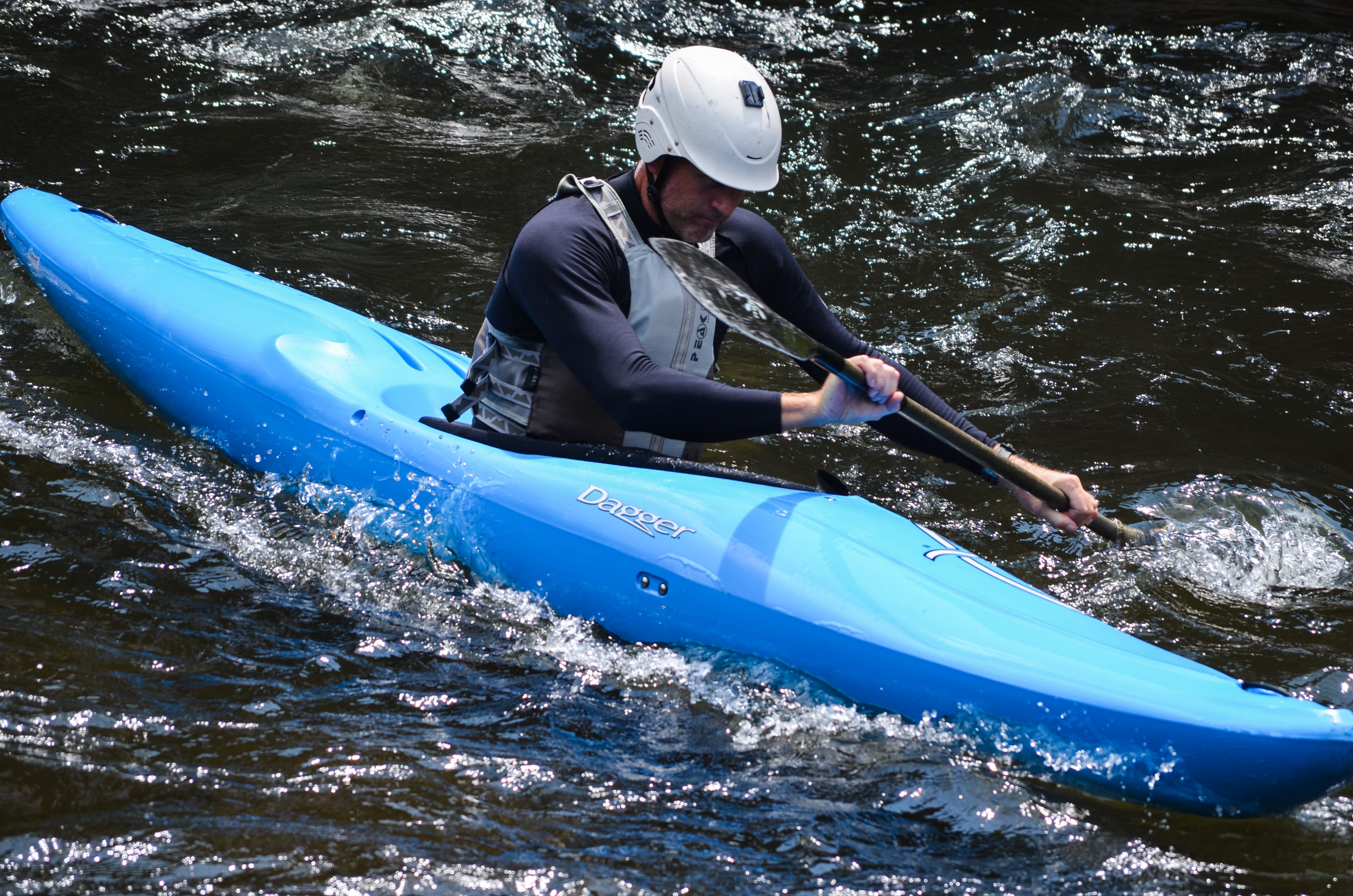 Image of Water, Boat, Vehicle, Canoe, Kayak, Rowboat, Helmet, Adult, Male, Man, Person, Kayaking, Water Sports, 