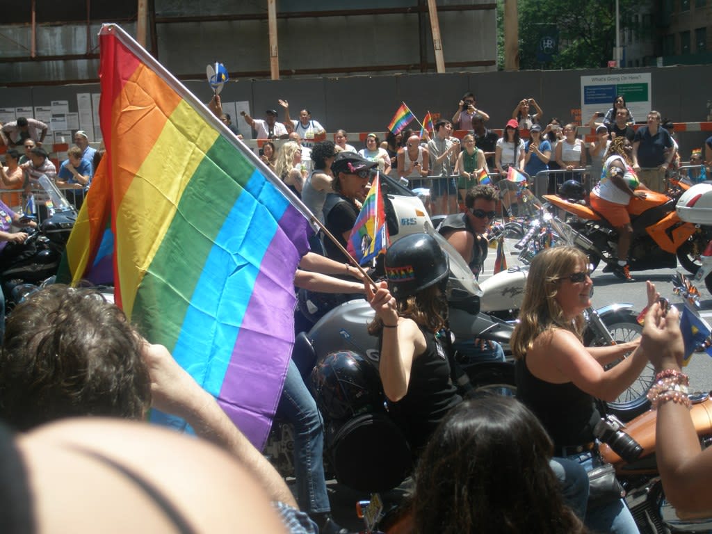 Image of Parade, Person, Helmet, Adult, Female, Woman, Male, Man, Wheel, Pride Parade, 