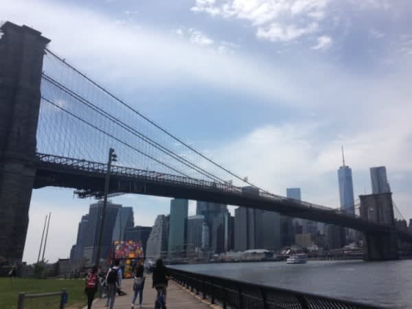 Image of Person, Bridge, Boat, Brooklyn Bridge, Landmark, Backpack, 