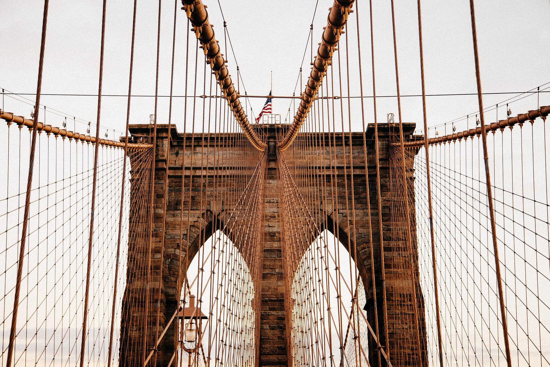 Image of Flag, Bridge, Brooklyn Bridge, Landmark, 